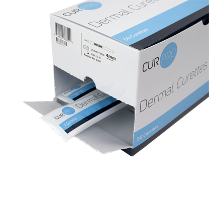 An open white and blue Dynarex CurPro Dermal Curettes box reveals 50 individually packaged 4mm dermal curettes.
