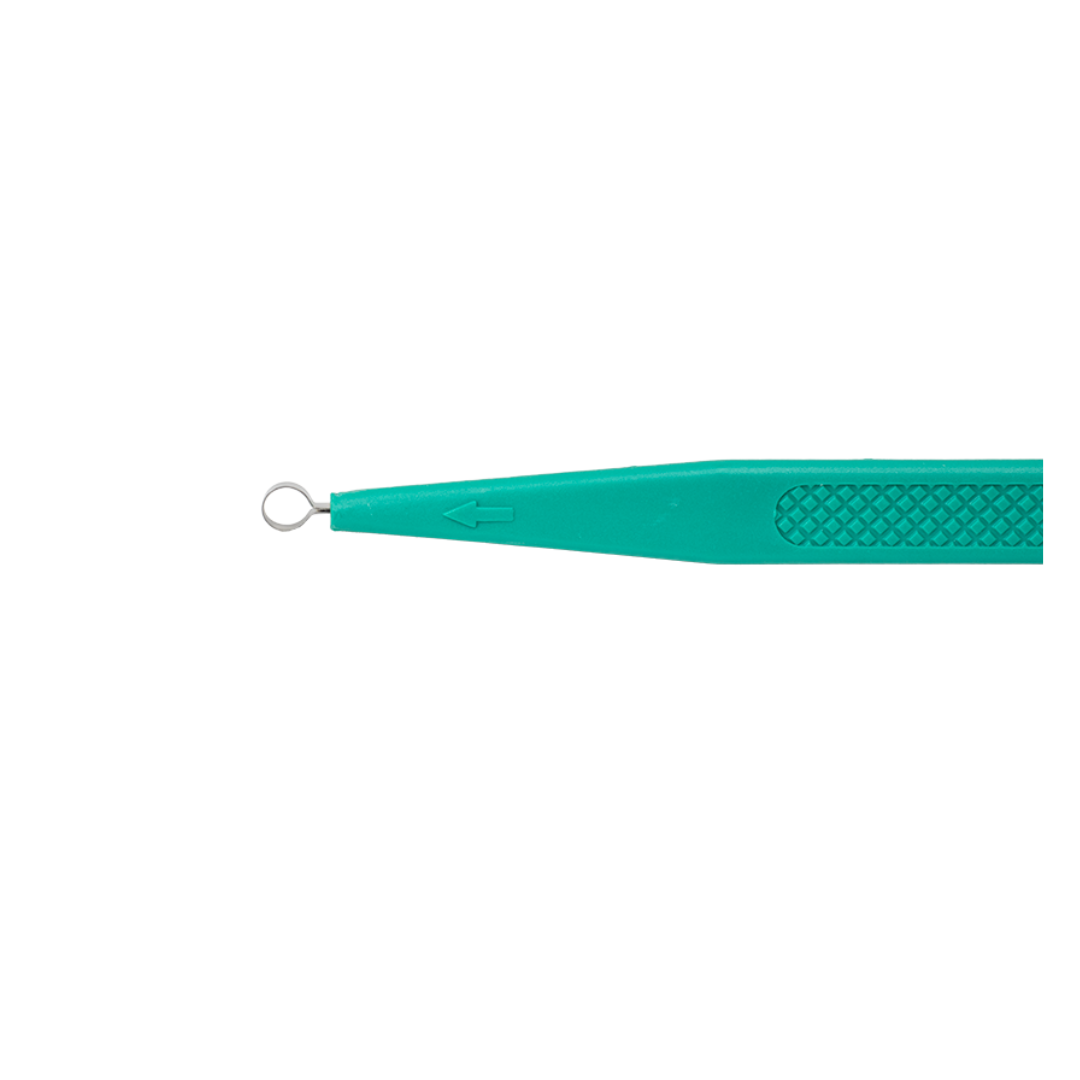 The Dynarex CurPro Dermal Curettes is a green plastic tool with a textured grip and small metal loop, used to remove blackheads or whiteheads from the skin.