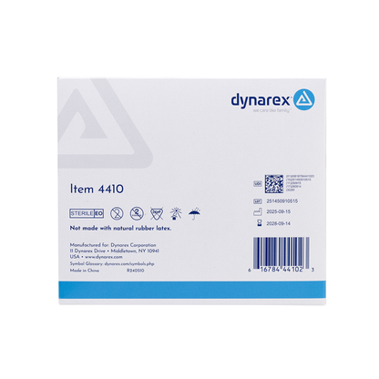 Back view of Dynarex Disposable Surgical Towel Drapes box, Item 4410, showing barcodes and expiration dates. These medical drapes are not made with natural rubber latex. Packaging features a white background and blue accents.