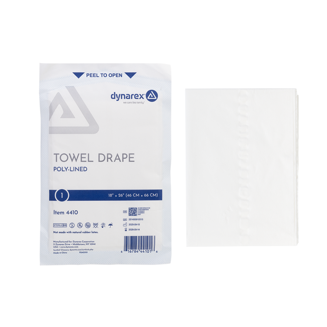 On the left is a packaged Dynarex Disposable Surgical Towel Drapes, showing branded details, while an unfolded white disposable surgical towel drape appears on the right.