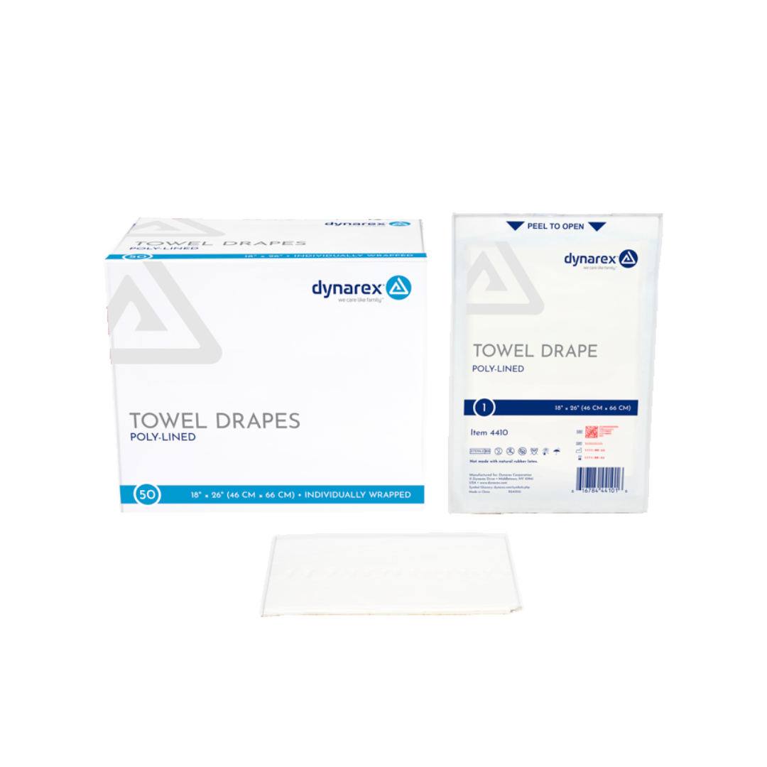A box, a packet, and an unfolded sheet of Dynarex Disposable Surgical Towel Drapes are shown. The box and packet feature product details, while the white disposable drape is laid flat in front.