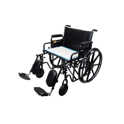 A black manual wheelchair with large rear wheels, small front wheels, cushioned seat, armrests, and forward footrests is shown on a white background alongside Dynarex Disposable Underpads for extra comfort and protection.