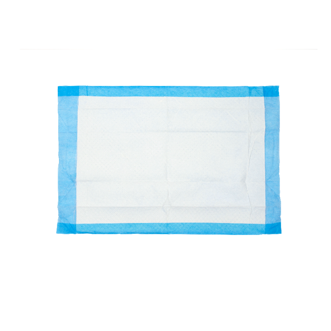 The Dynarex Disposable Underpads, featuring a white center and blue borders, are shown on a white background—perfect for medical use or pet training.
