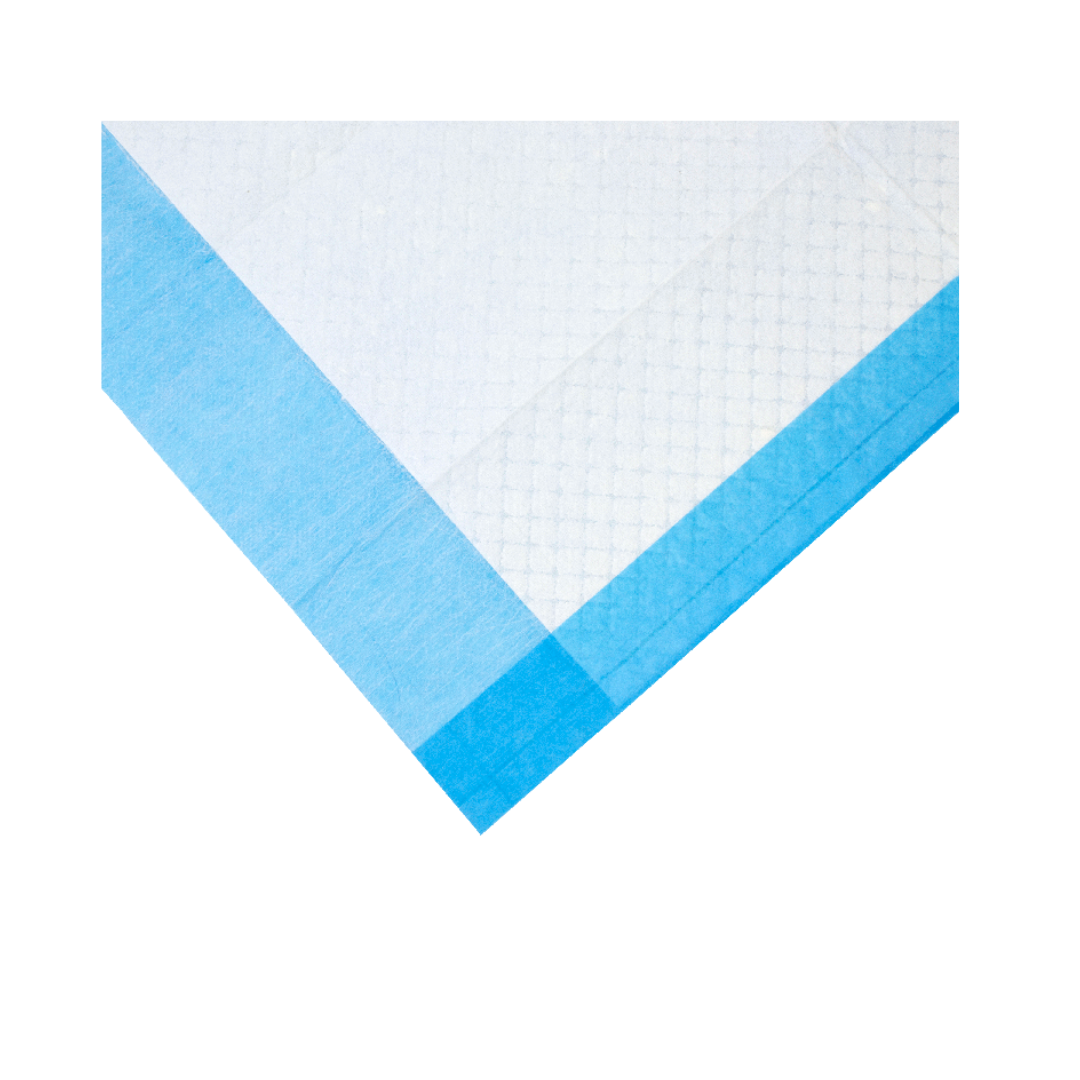 A Dynarex Disposable Underpad with a white quilted surface and blue borders is folded into a triangle, point facing downward, and displayed on a white background.