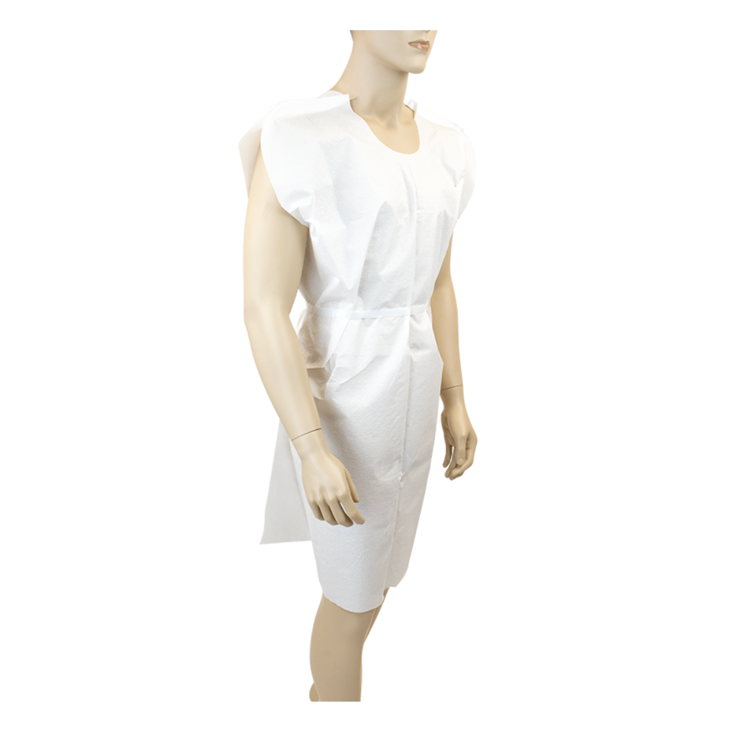 A mannequin displays a white Dynarex Exam Gowns - Disposable Patient Gown with waist ties, set against a plain white background.