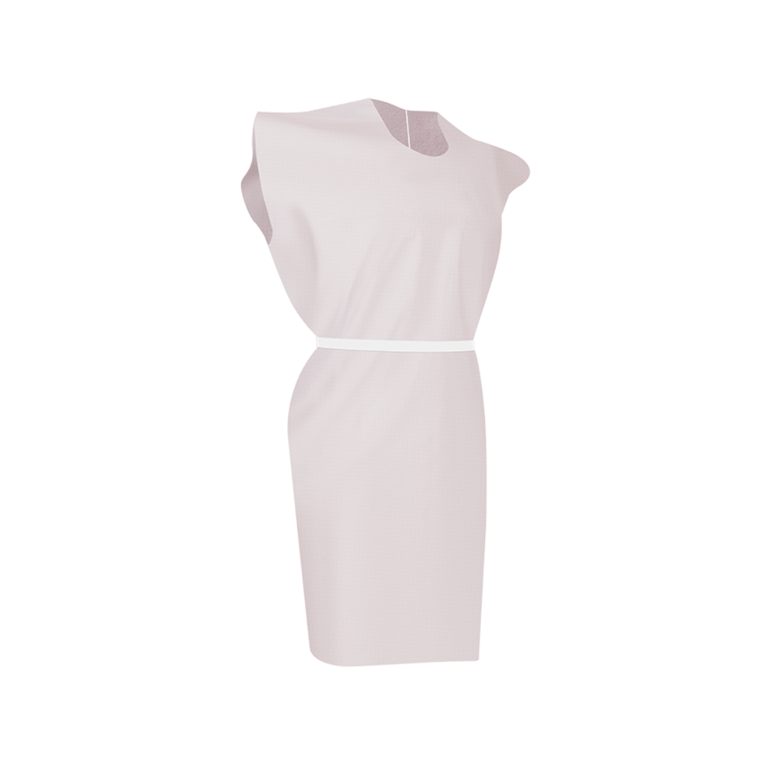 A sleeveless, knee-length, light pink dress with a round neckline and white belt evokes the clean lines of Dynarex Exam Gowns - Disposable Patient Gowns, shown on a plain white background.