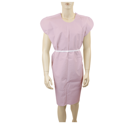 A mannequin displays a light pink Dynarex Exam Gowns - Disposable Patient Gown with a white waist tie, set against a plain white background.