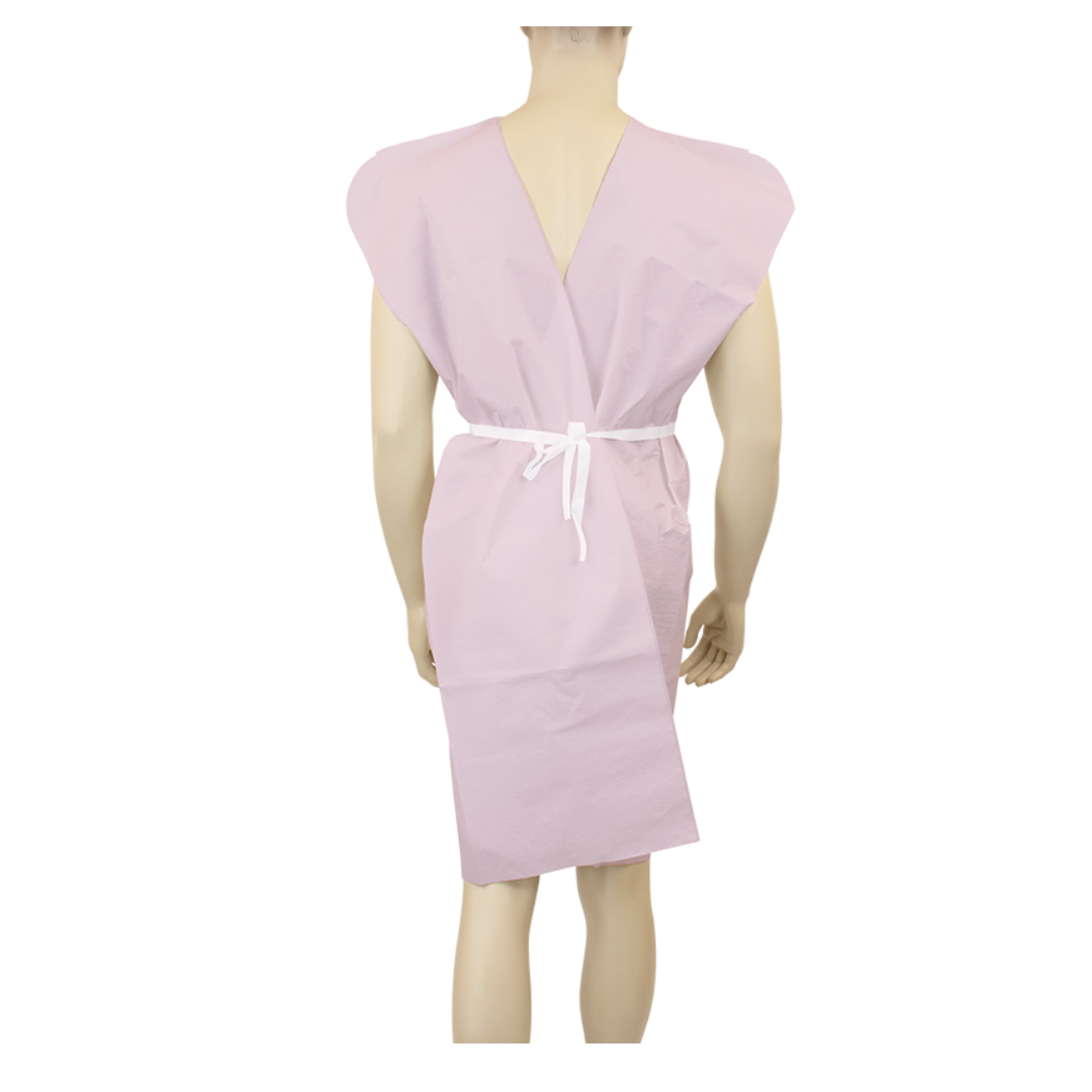 A mannequin displays a light pink Dynarex Exam Gowns - Disposable Patient Gowns, tied at the waist and shown from the back against a white backdrop—perfect for comfortable, single-use wear.