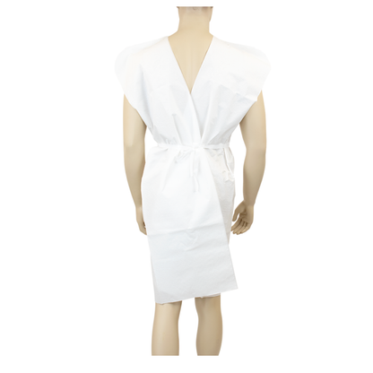 A mannequin displays the open-back design with waist ties of Dynarex Exam Gowns - Disposable Patient Gowns, demonstrating their convenient fit and effective coverage.