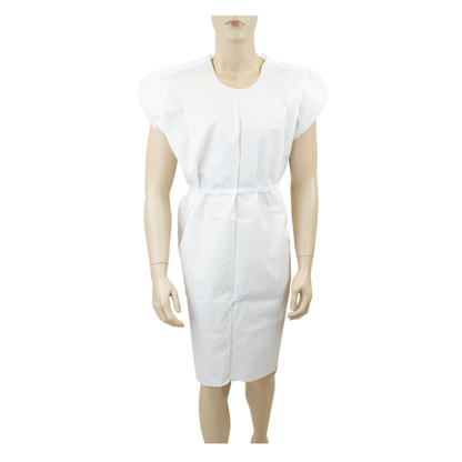 A mannequin wears a white Dynarex Exam Gowns - Disposable Patient Gowns, belted at the waist, and is displayed against a plain white background.