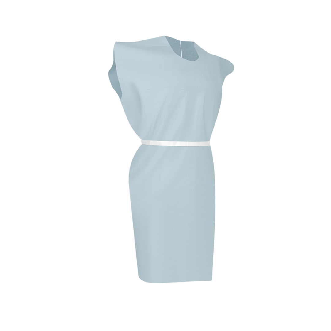 A light blue, sleeveless Dynarex Exam Gowns - Disposable Patient Gown with a white belt at the waist is displayed on a plain white background.