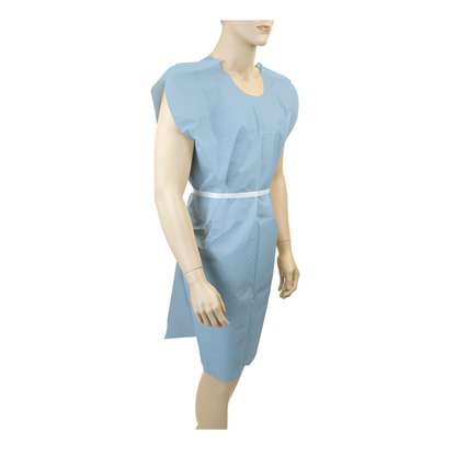 A mannequin displays the Dynarex Exam Gowns - Disposable Patient Gowns in light blue with a white waist tie, covering the torso, front, and shoulders against a plain white background.