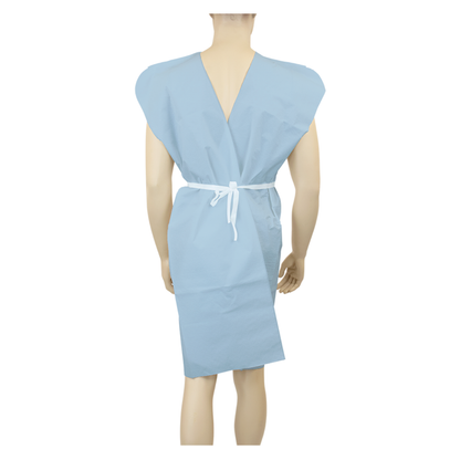 A mannequin displays a light blue Dynarex Exam Gowns - Disposable Patient Gowns, tied at the waist and shown from the back with a deep V-shaped opening.
