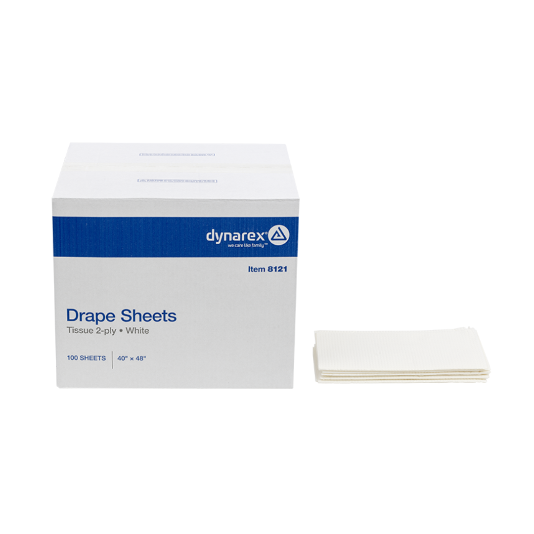 A box labeled Dynarex Exam Room Drape Sheets with blue accents holds 100 white, 2-ply drape sheets (40 x 48 inches). A small stack of folded Dynarex Exam Room Drape Sheets sits beside the box.