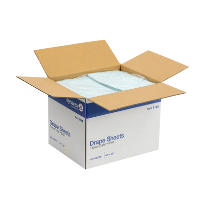 An open box labeled Dynarex Exam Room Drape Sheets reveals light blue 2-ply tissue sheets (40 in x 48 in); box notes 100 medical drape sheets included.