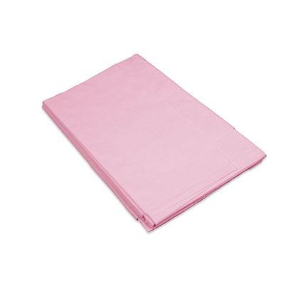 A stack of folded pink napkins rests on a white background, resembling Dynarex Exam Room Drape Sheets used in medical exam rooms.