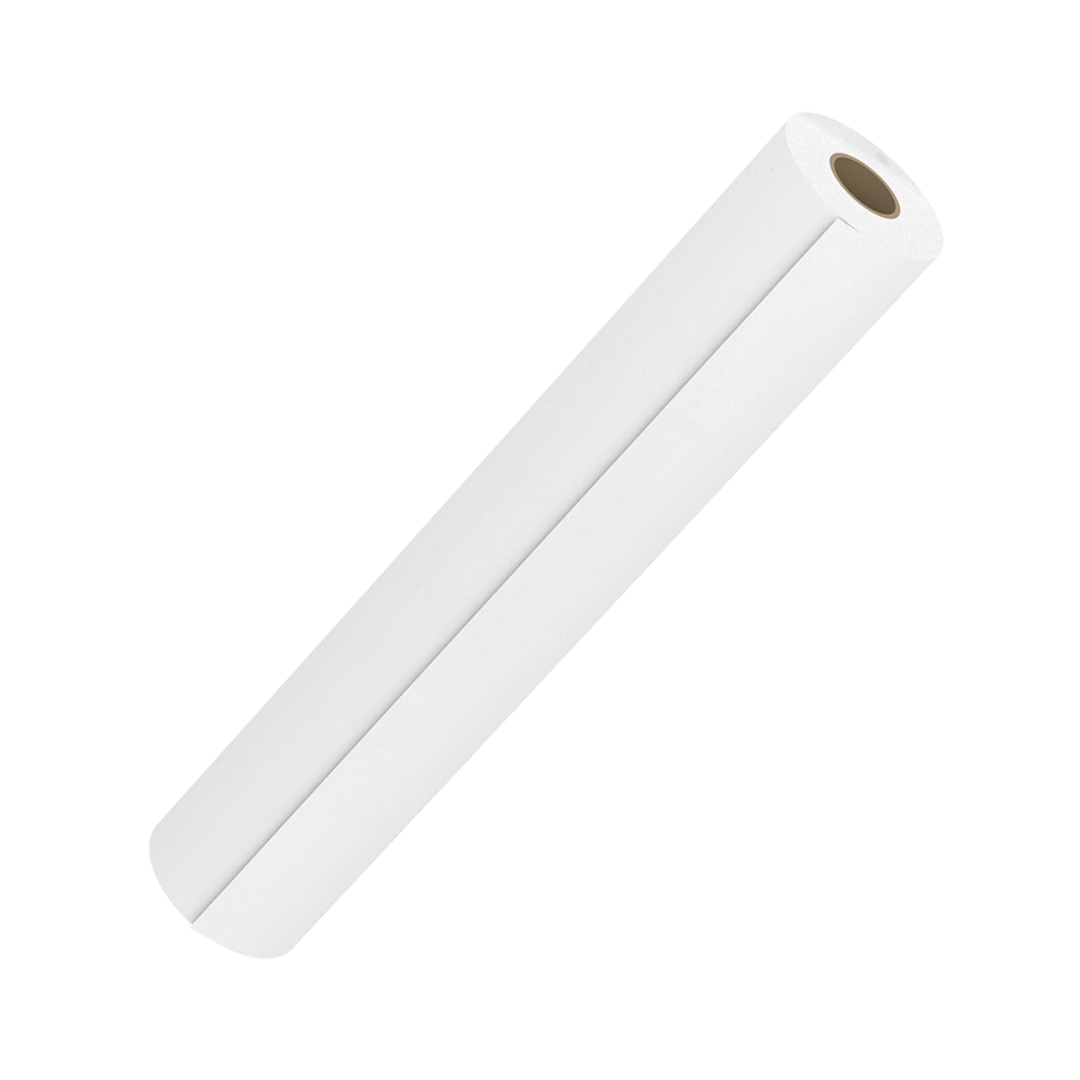 A single Dynarex Exam Table Paper roll is displayed diagonally on a white background with its hollow cardboard core visible, ready to offer a protective barrier for exam tables.
