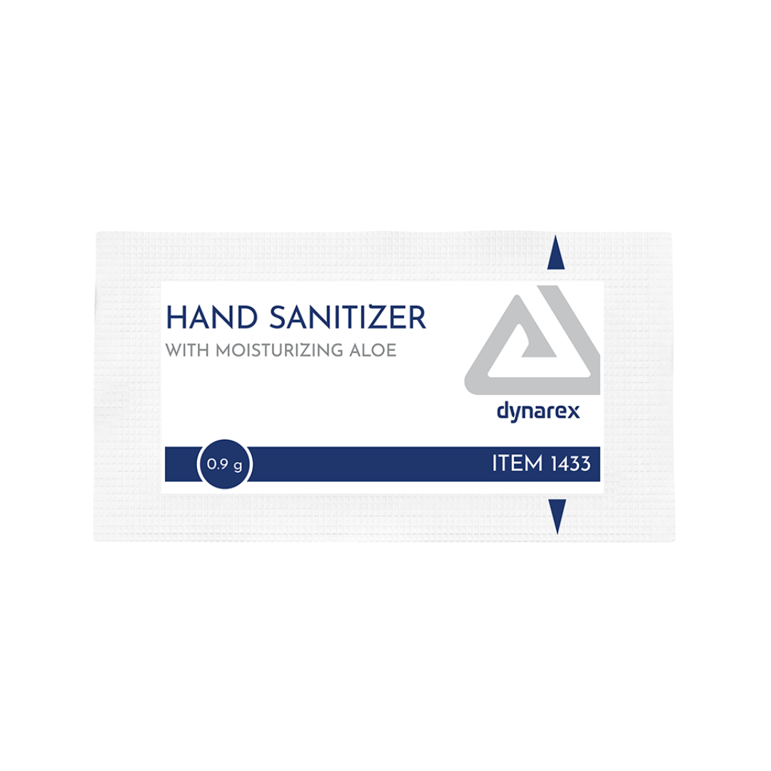A small white packet of Dynarex Hand Sanitizer with Moisturizing Aloe features the Dynarex logo, weighs 0.9g (item #1433), and keeps your hands clean and soft wherever you go.