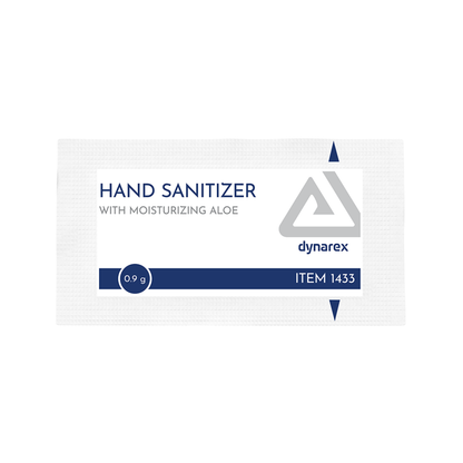 A small white packet of Dynarex Hand Sanitizer with Moisturizing Aloe features the Dynarex logo, weighs 0.9g (item #1433), and keeps your hands clean and soft wherever you go.