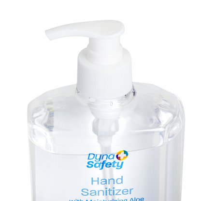 A clear plastic bottle of Dynarex Hand Sanitizer with Moisturizing Aloe, filled with clear liquid. It has a white pump dispenser and a blue and yellow label.
