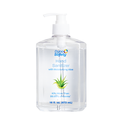 A 16 fl. oz. (473 mL) clear pump bottle of Dynarex Hand Sanitizer with Moisturizing Aloe is shown, featuring an aloe plant on the label and the claim "Kills more than 99.99% of germs.