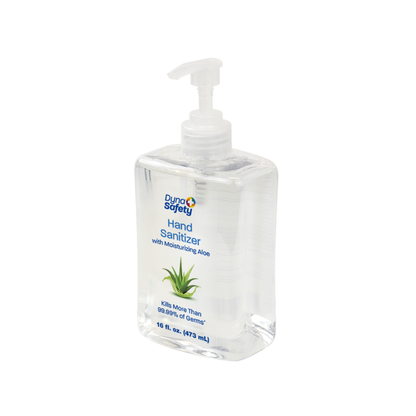Dynarex Hand Sanitizer with Moisturizing Aloe in a clear 16 fl oz (473 ml) pump bottle kills over 99.99% of germs and keeps hands soft and moisturized.