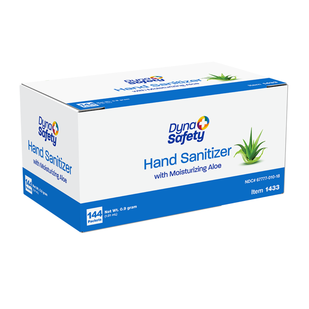 A white and blue Dynarex Hand Sanitizer with Moisturizing Aloe box displays an aloe image and holds 144 packets, each containing 0.9g sanitizer with aloe.