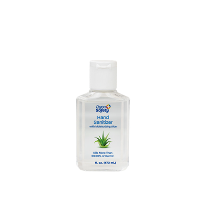 A clear 8 fl. oz. (473 mL) bottle of Dynarex Hand Sanitizer with Moisturizing Aloe has a white flip-top cap and label highlighting aloe; it claims to kill over 99.99% of germs.