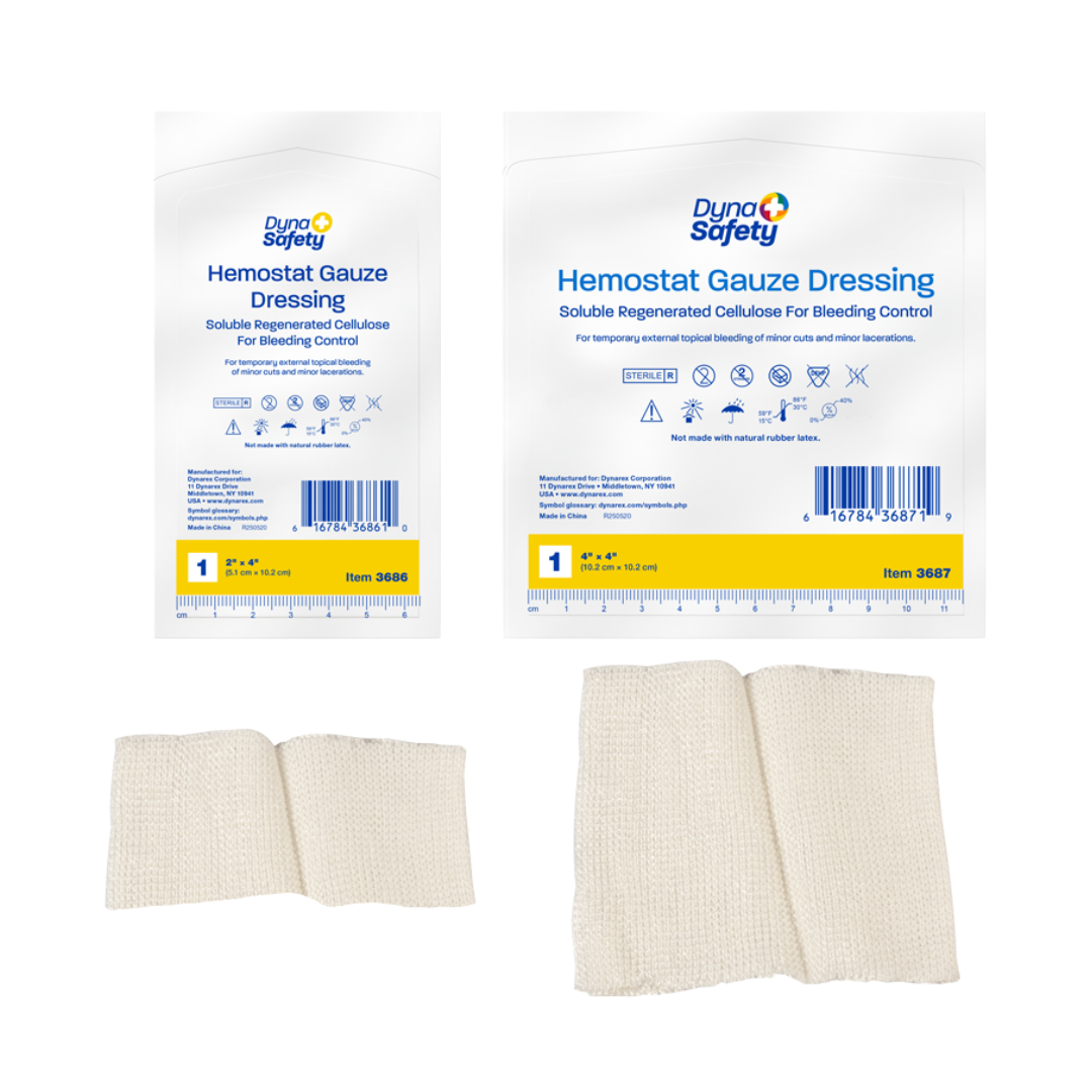 Two packages of Dynarex Hemostat Gauze Dressing with white gauze pads beneath each, designed for bleeding control. Packaging displays product details and icons for easy identification.