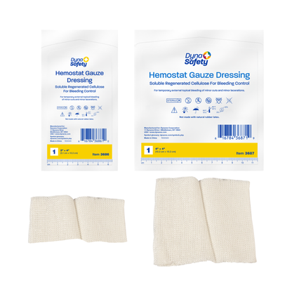 Two packages of Dynarex Hemostat Gauze Dressing with white gauze pads beneath each, designed for bleeding control. Packaging displays product details and icons for easy identification.