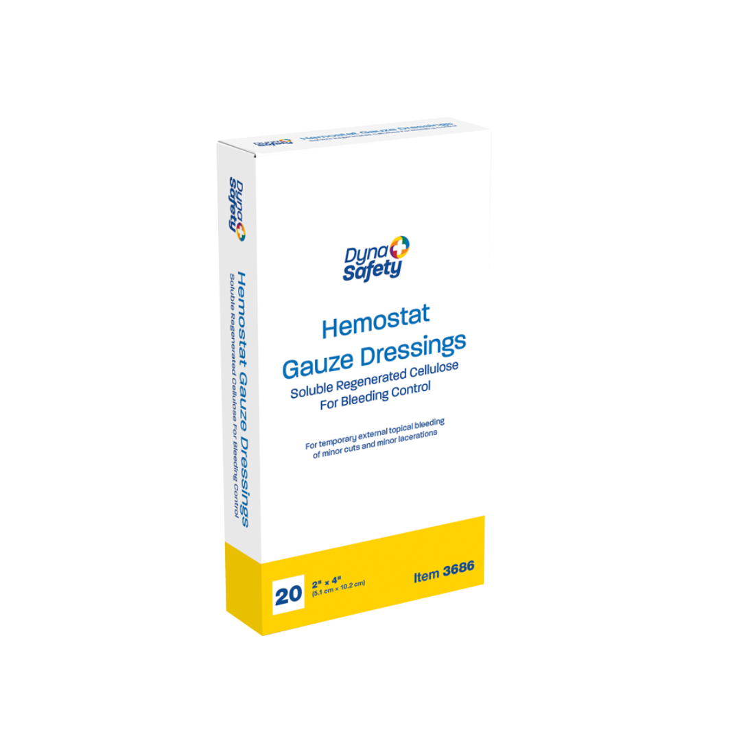 A white box with blue and yellow accents contains 20 Dynarex Hemostat Gauze Dressings (2" x 2", item 3686), designed for bleeding control.