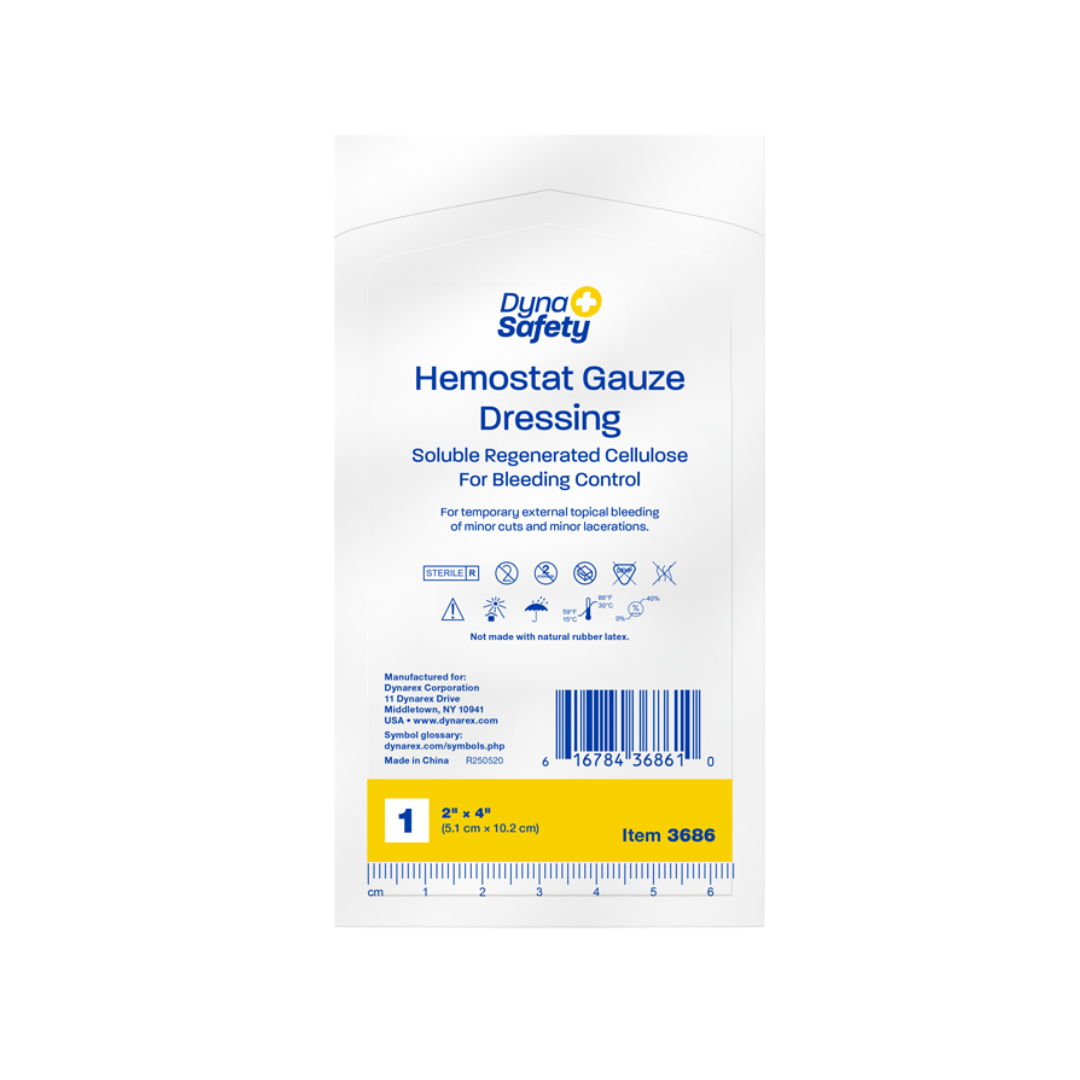 A 2x4 Dynarex Hemostat Gauze Dressing for bleeding control, in white packaging with blue and yellow text, usage instructions, barcode, and item #3686.