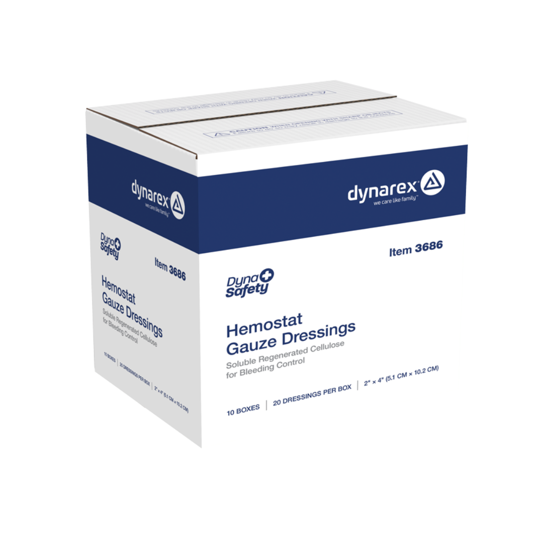 A white and blue Dynarex Hemostat Gauze Dressing box contains 10 boxes of 20 dressings (2 x 4 in each) for bleeding control.
