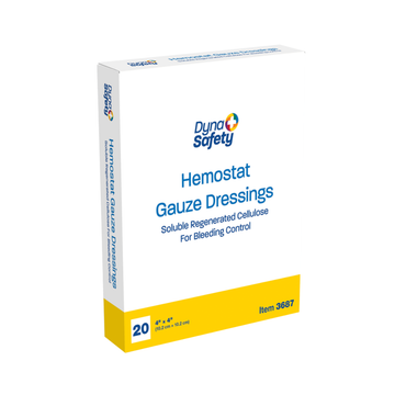A box of Dynarex Hemostat Gauze Dressings contains 20 soluble regenerated cellulose dressings for bleeding control. The mostly white box includes blue and yellow accents and highlights trusted Dynarex Hemostat technology.