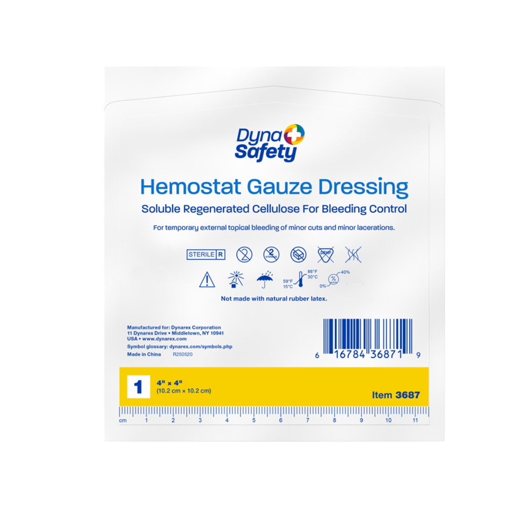 Front view of a Dynarex Hemostat Gauze Dressing package for bleeding control, showing product details, usage instructions, and safety symbols on a white background.