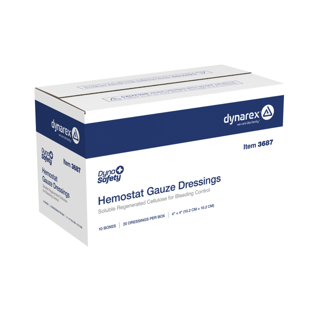 A white and blue Dynarex Hemostat Gauze Dressing box for bleeding control, item number 3687, holds 10 boxes of 20 dressings each; DynaSafety Gauze branding is displayed on the packaging.
