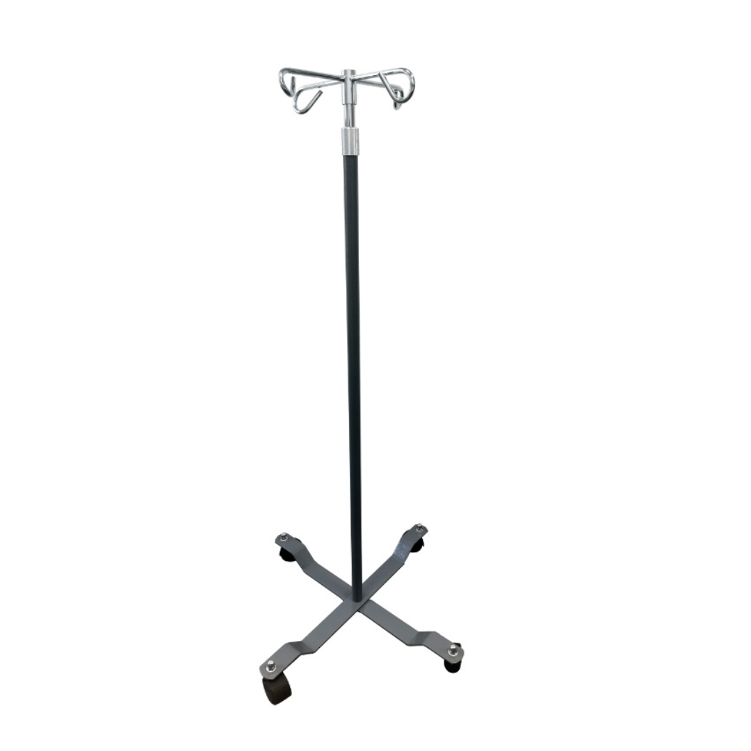 The Dynarex IV Poles - Rolling Stand features four hooks and a cross-shaped wheeled base, providing secure support for IV fluid bags in hospitals or medical settings.