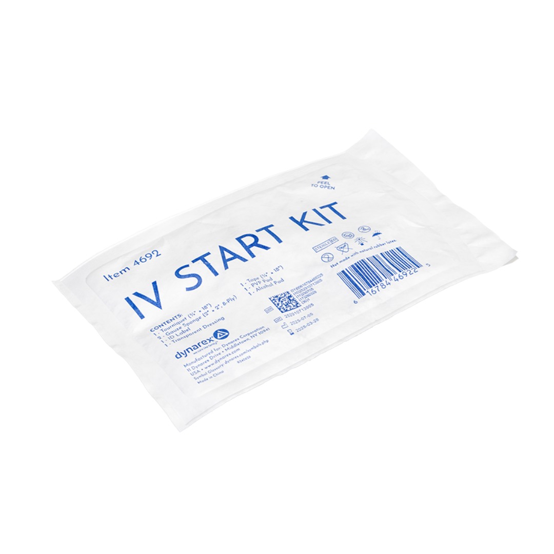 A sealed white Dynarex IV Start Kits package with blue text contains medical supplies for starting an IV line, item number 4692, product specs, barcode, and other details printed on the packaging.