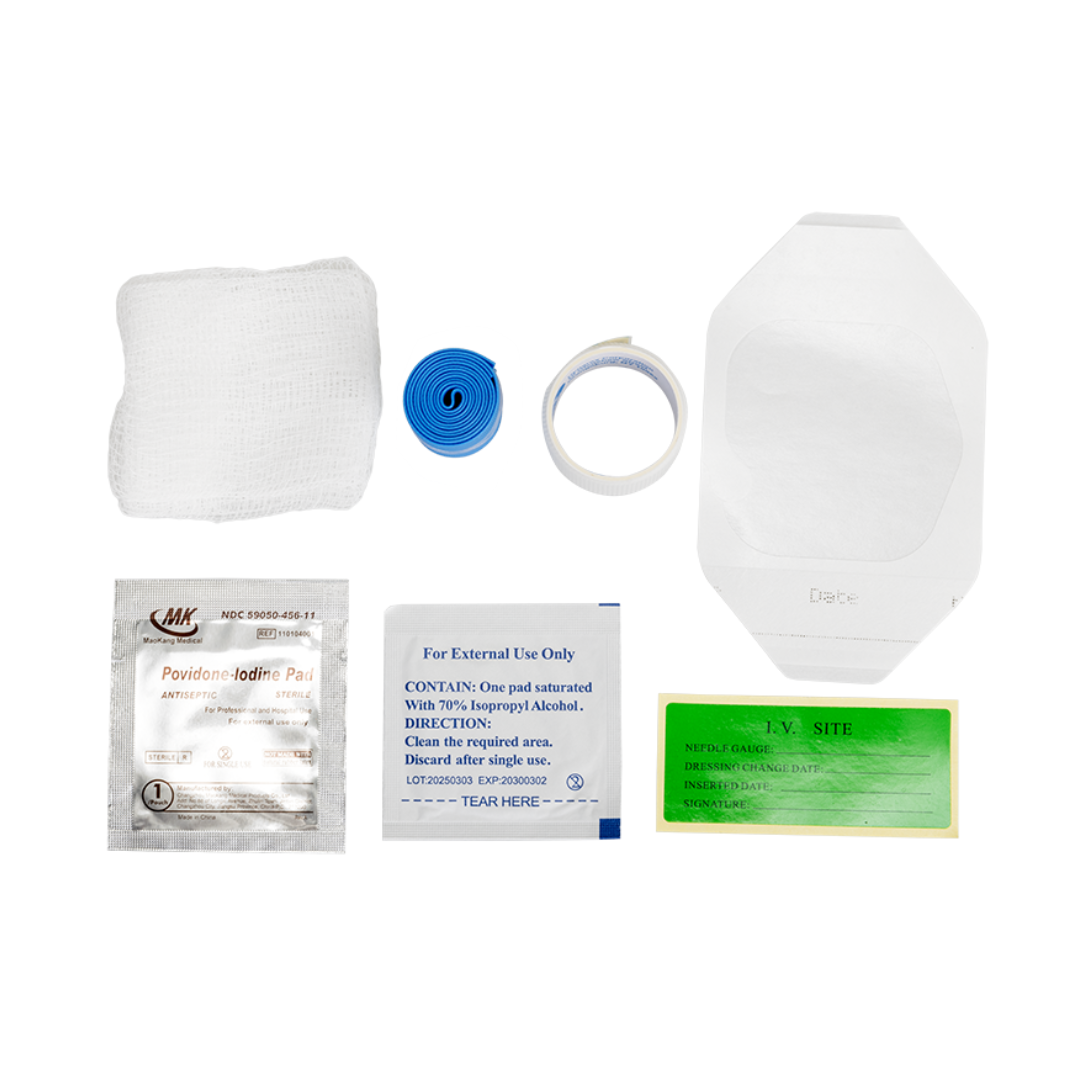 Dynarex IV Start Kits include gauze, medical tape, a bandage, alcohol and iodine prep pads, a blue tourniquet, and a green sterile label arranged on a white background. See Specifications for more details.