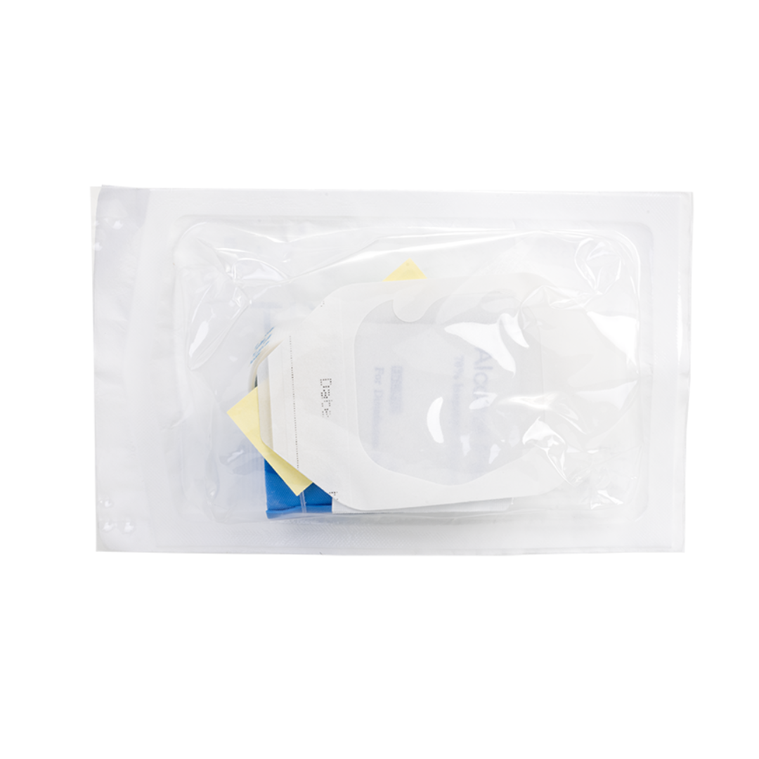 A clear, sealed plastic pouch containing Dynarex IV Start Kits with medical adhesive dressings and papers is shown on a white background. Specifications and videos are available for more details.