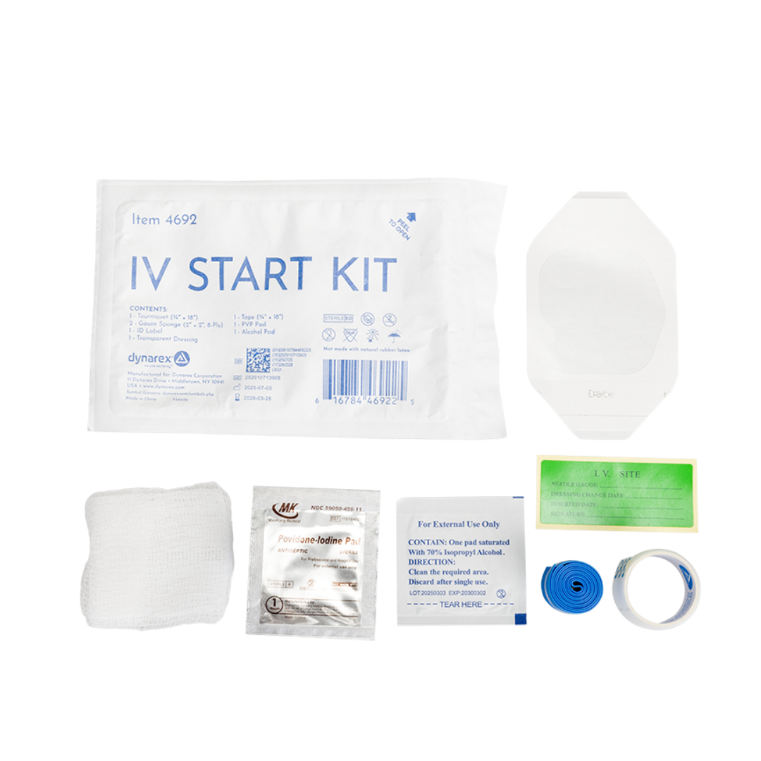 Dynarex IV Start Kits include a gauze pad, povidone-iodine pad, tape, tourniquet, transparent dressing, and alcohol prep pad arranged in front of the packaging—see product specifications for details.