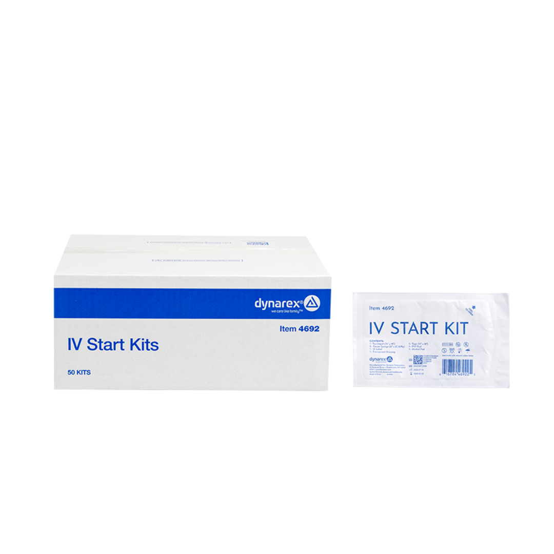 A white box and a sealed packet, both labeled "Dynarex IV Start Kits," are displayed against a white background. See Specifications for details.