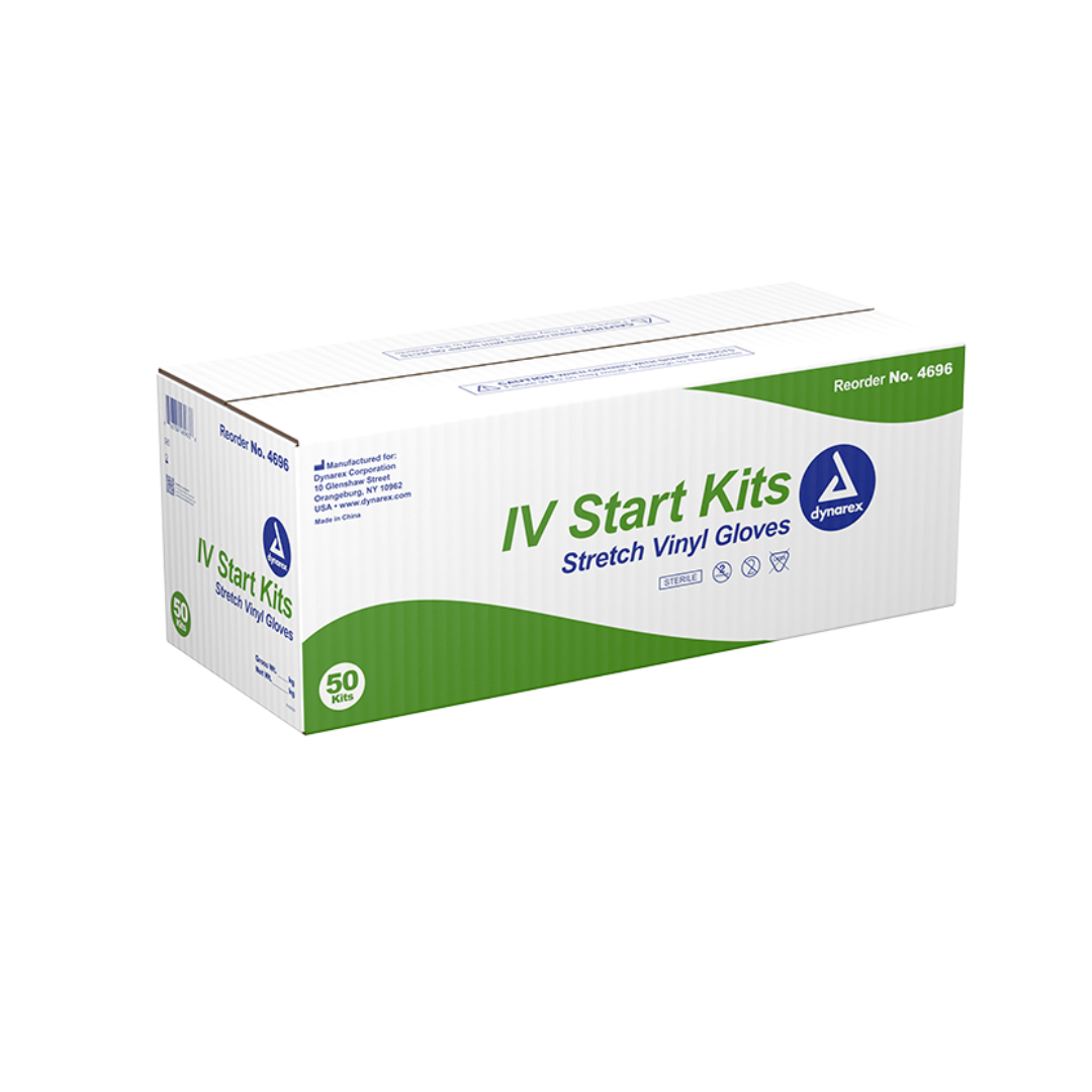 A white and green box labeled Dynarex IV Start Kits contains 50 kits, featuring product icons, reorder number 4696, and specifications for easy identification.