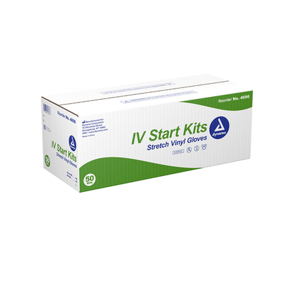 A white and green box labeled Dynarex IV Start Kits contains 50 kits, featuring product icons, reorder number 4696, and specifications for easy identification.