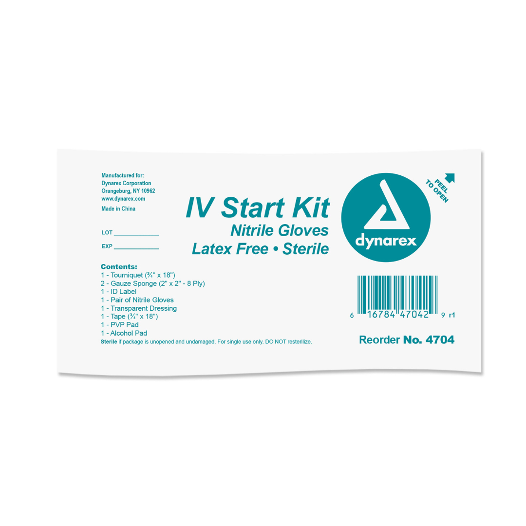 Dynarex IV Start Kits come in white packaging labeled Latex Free • Sterile and include nitrile gloves. The kit contents, barcode, reorder #4704, specs, and manufacturer details are clearly listed.