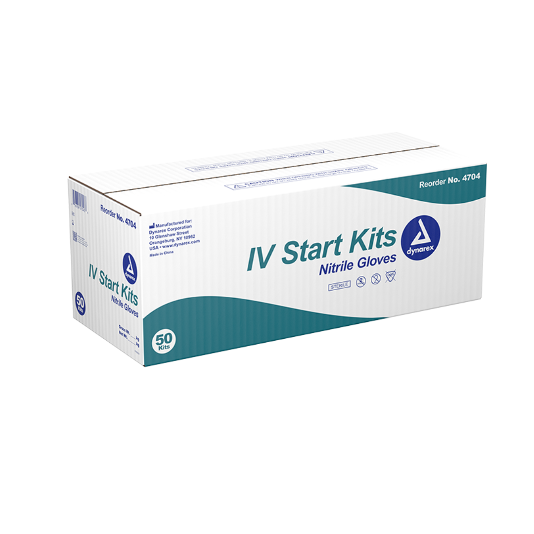 A white and teal box labeled Dynarex IV Start Kits contains 50 kits, featuring product information, specifications, and icons indicating its features.