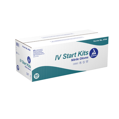 A white and teal box labeled Dynarex IV Start Kits contains 50 kits, featuring product information, specifications, and icons indicating its features.