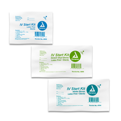 Three Dynarex IV Start Kits are shown: one with latex-free contents, one with stretch vinyl gloves, and one with nitrile gloves. Each kit is sterile, latex-free, and features unique reorder numbers and clear specifications.