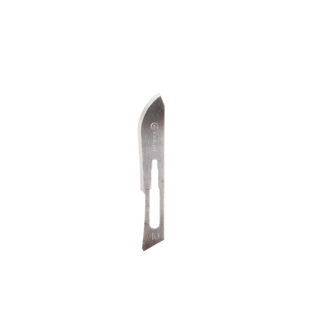 A single Dynarex Medi-Cut Surgical Blades - Sterile with a curved edge and handle slot is displayed on a plain white background, highlighting its premium-quality sterile design.