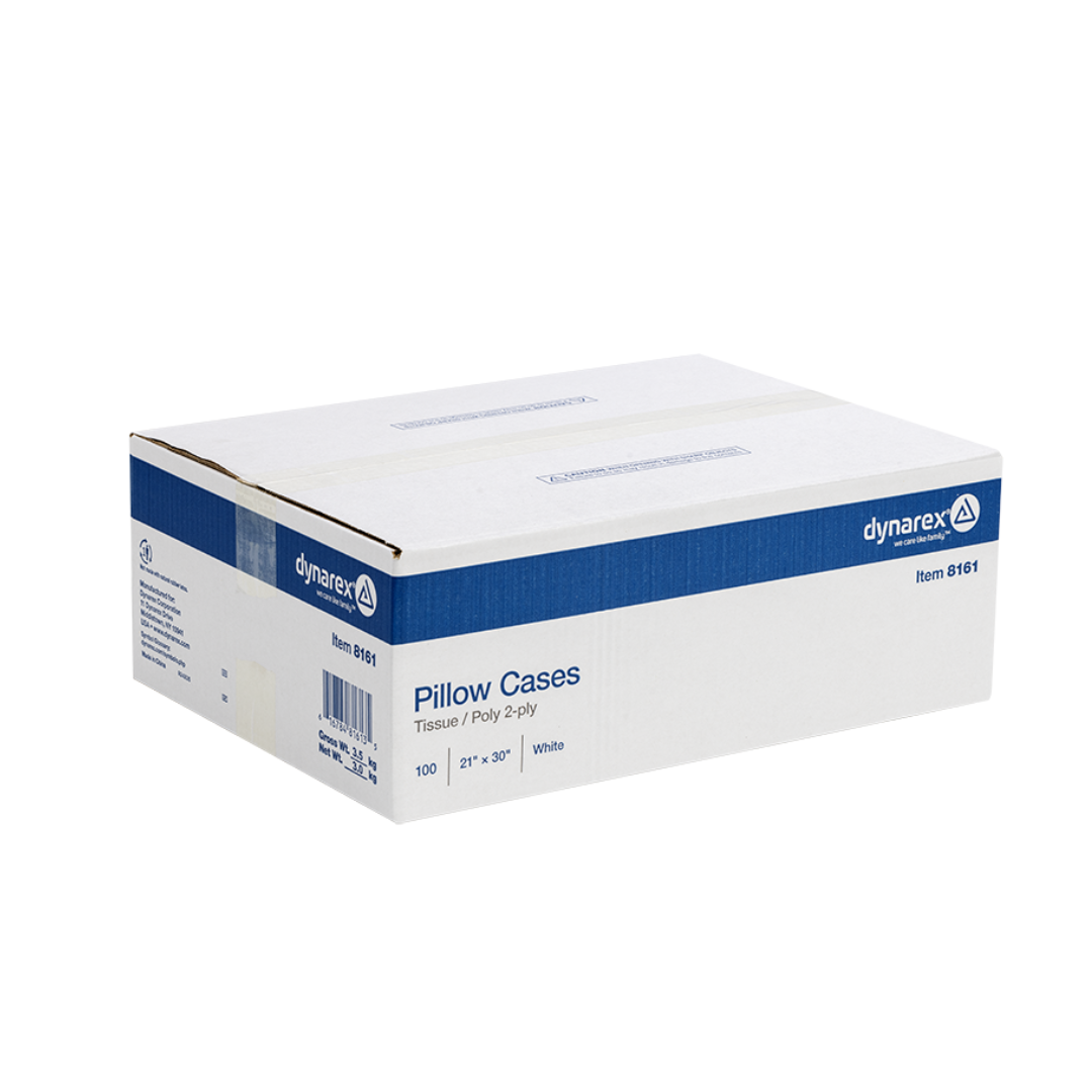 A white and blue box labeled "Dynarex Medical Disposable Pillow Cases - 21\" x 30\"" sits on a white background.